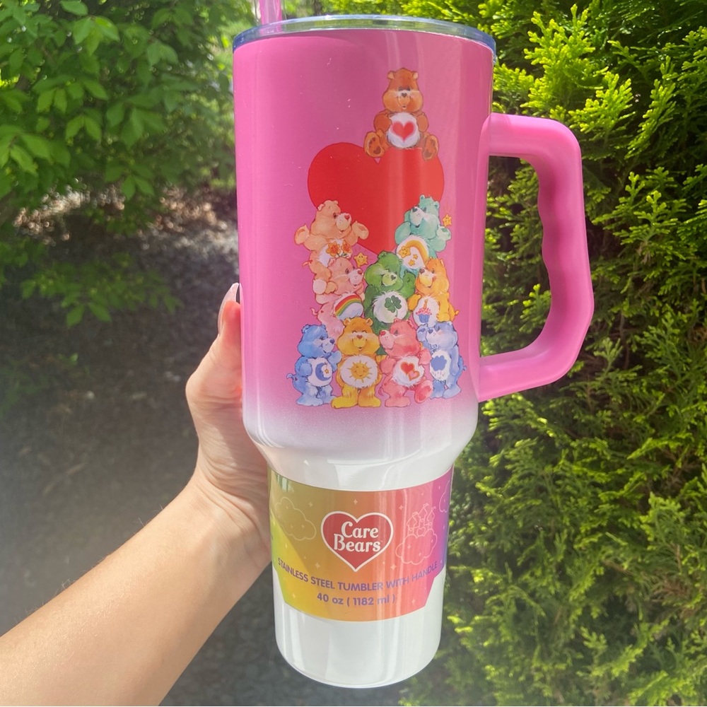Care Bears Pink and White 40 oz Stainless Steel Tumbler with Lid and Straw